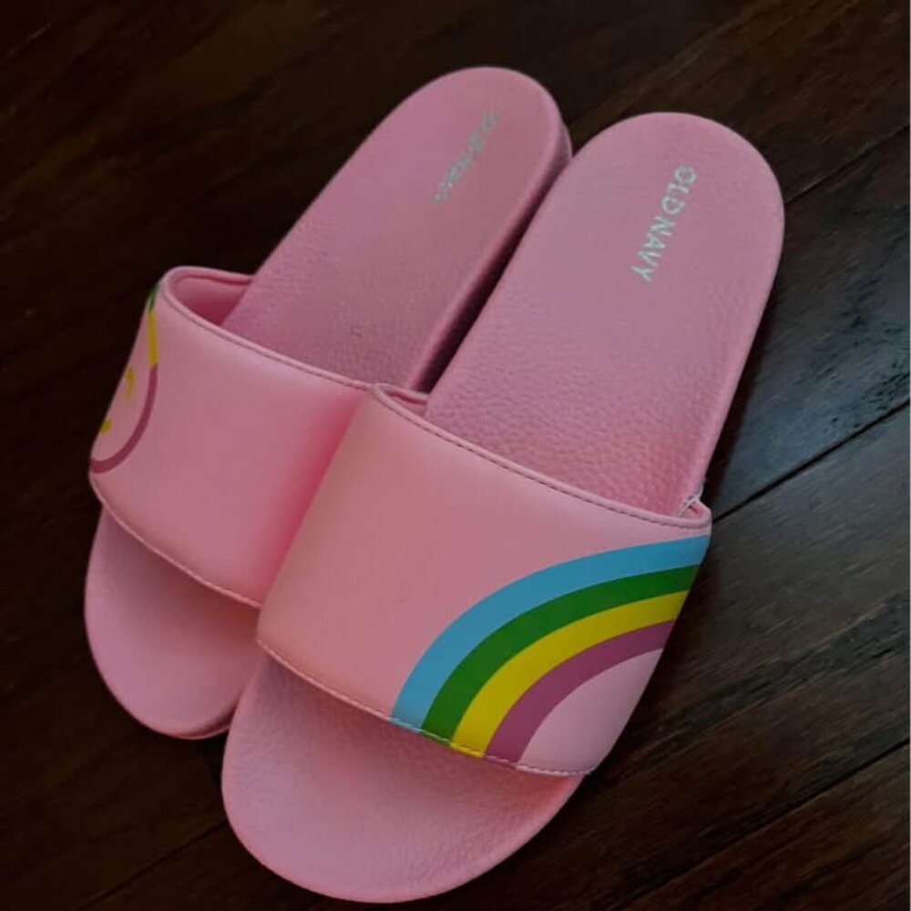 NWT NEW Old Navy Pink Rainbow Girls Slides Sandals 5-6Y